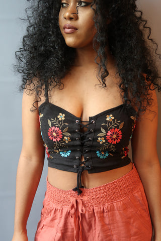Crop Top Black Embroidered, Lace up Front
