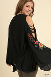 PLUS Floral Embroidered Bell Sleeve w/Crisscross Sleeve Cutouts Black