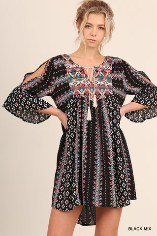 Peasant Dress/Shirt  w/Open Sleeve Black Print