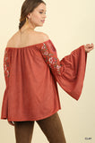 Suede Off Shoulder Bell Sleeve Top with Floral Embroidery and Lace Trim CLAY