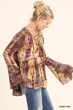 PLUS Tie Dye Bell Sleeve Top with Drawstring Neckline