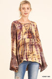 PLUS Tie Dye Bell Sleeve Top with Drawstring Neckline