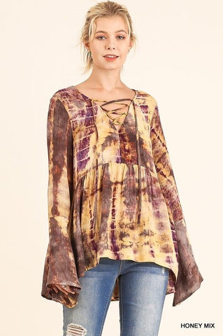 PLUS Tie Dye Bell Sleeve Top with Drawstring Neckline