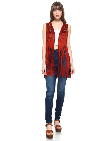 Rust Red Micro Suede Fringe Vest